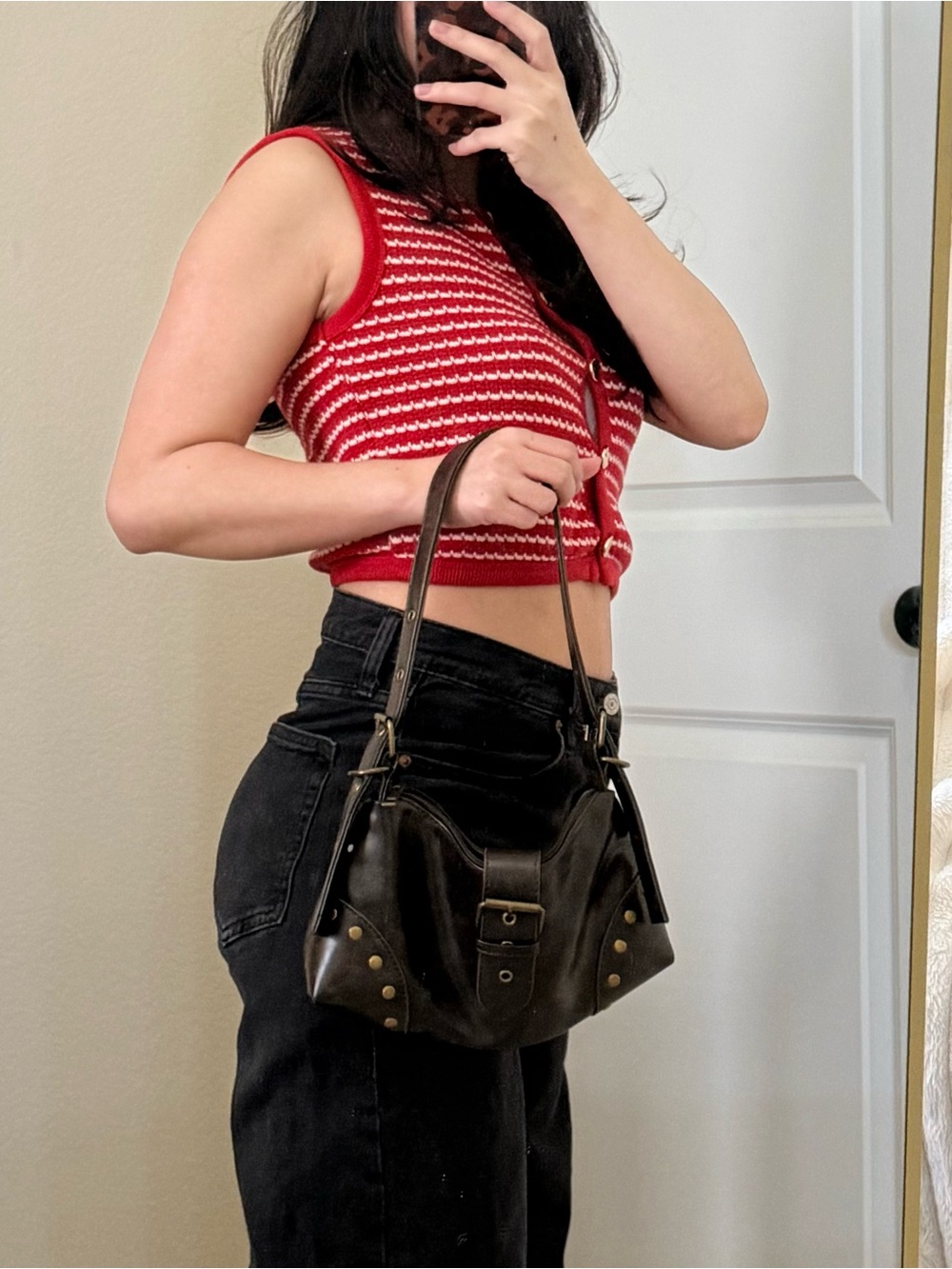 Classic Black Leather Shoulder Bag - Structured Stud Accent